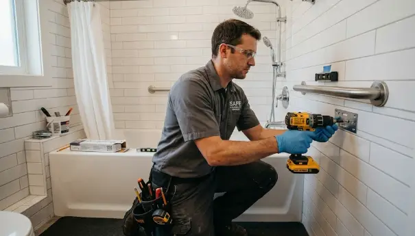 Professional installing a grab bar in a bathtub wall to improve bathroom safety and accessibility